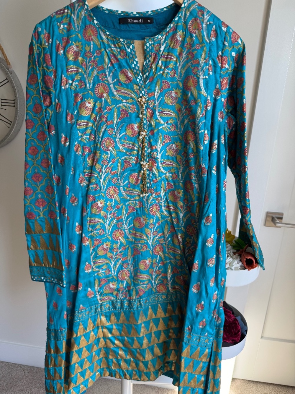 Khaadi Size 12 silk Teal Blue & Gold Block Printed 3-Piece Set with dupatta